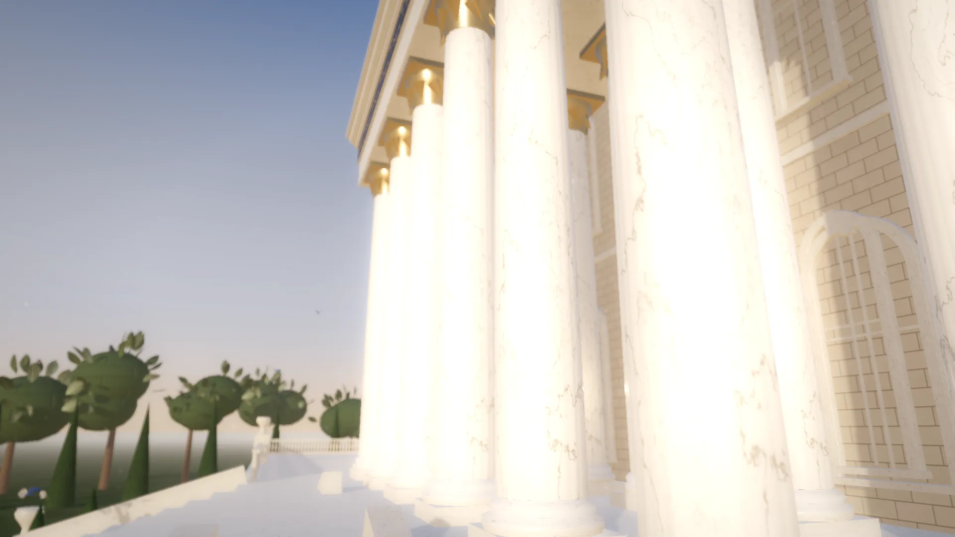 Render 3D portico istana dengan kolom korintia berkapital emas