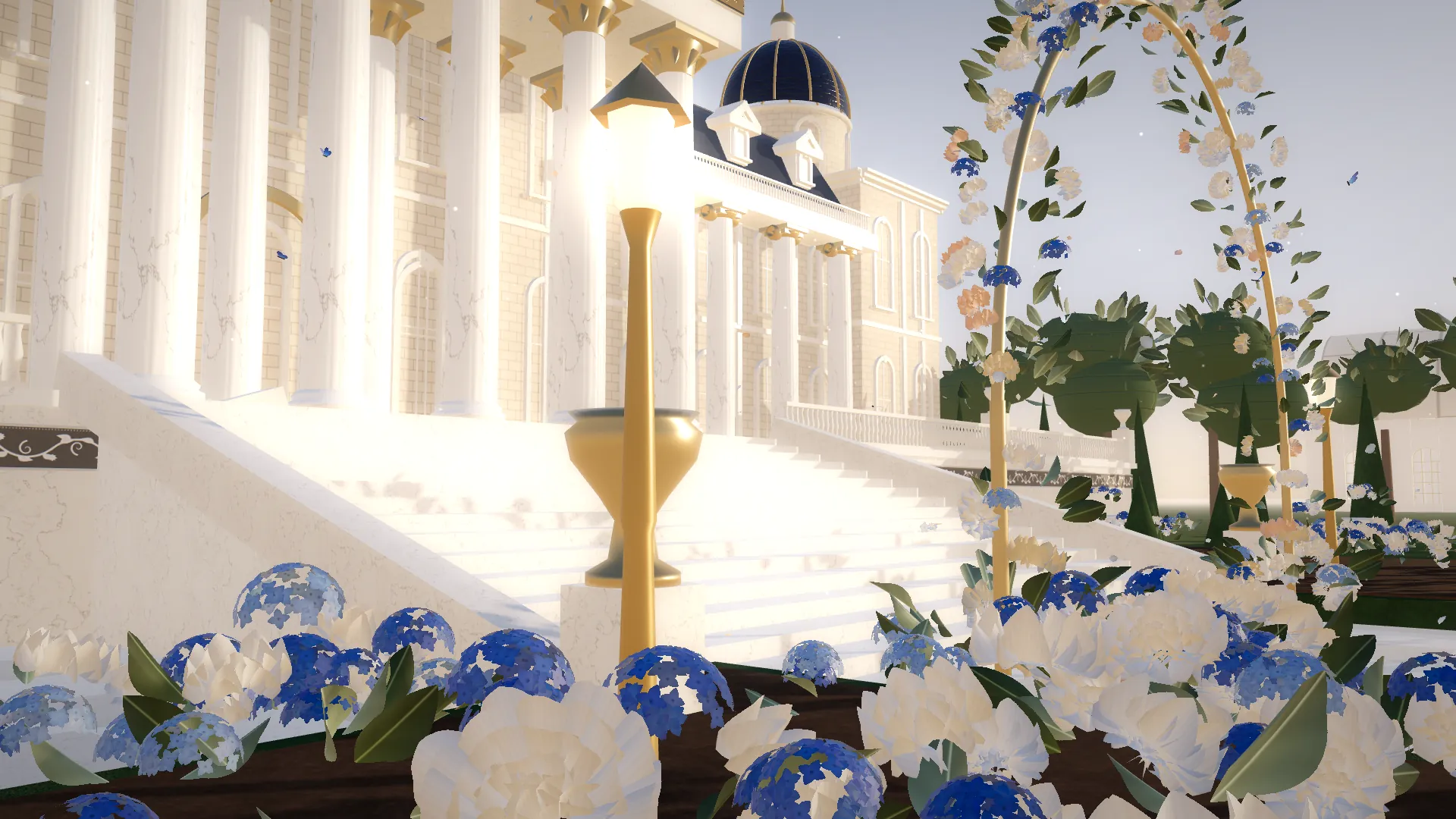 Render 3D tangga marmer agung istana dengan guci emas dan hydrangea