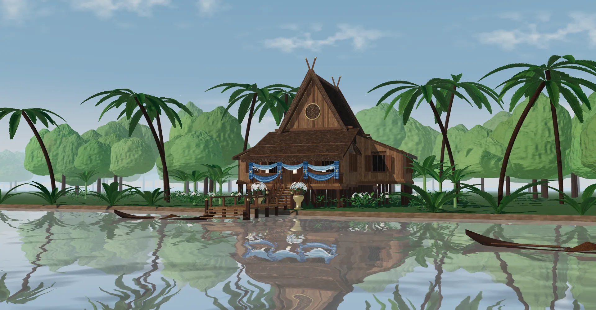 Ilustrasi 3D rumah Banjar di tepi sungai