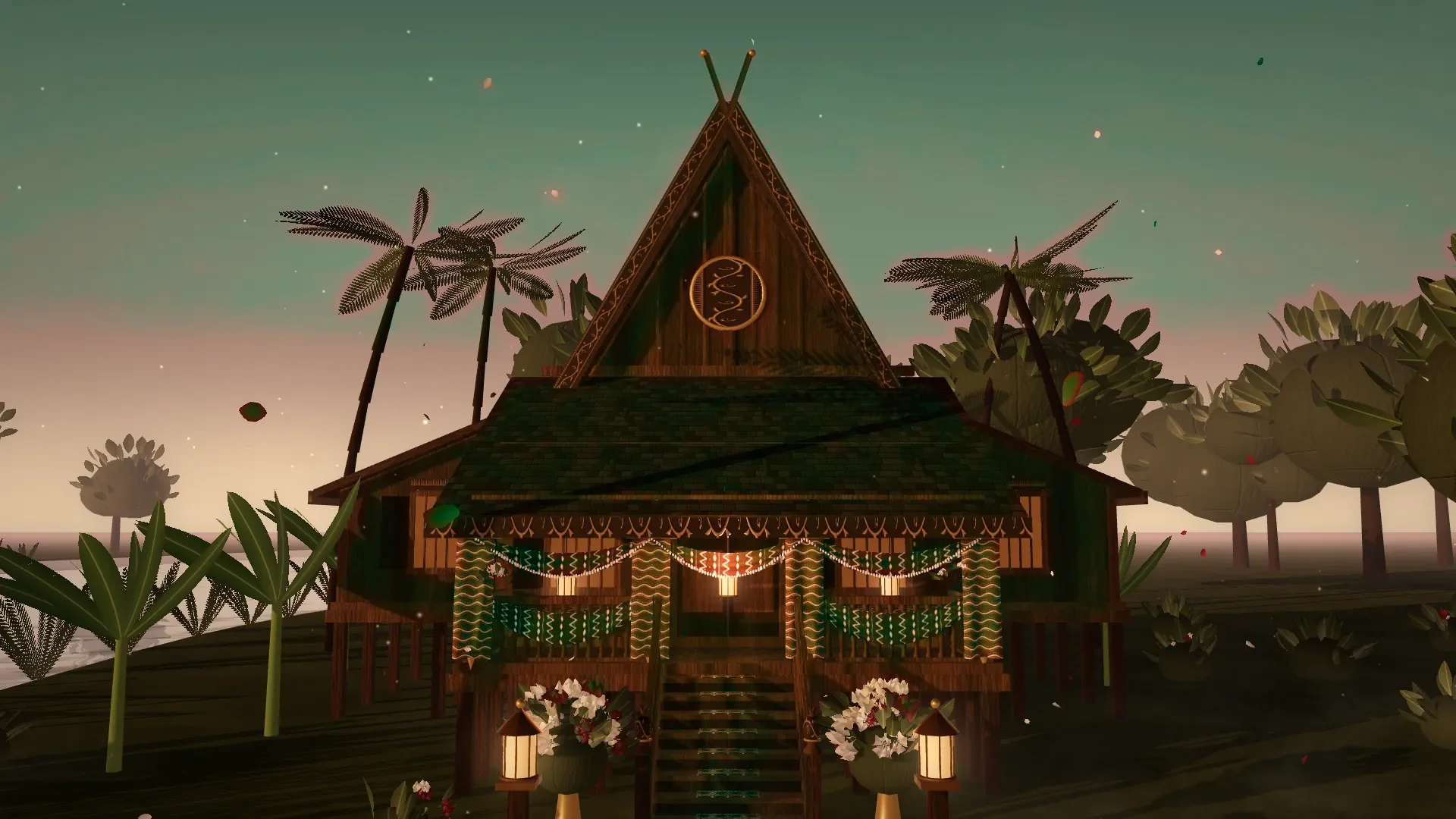 Render 3D tampak depan Rumah Bubungan Tinggi dengan palatar berhias Sasirangan