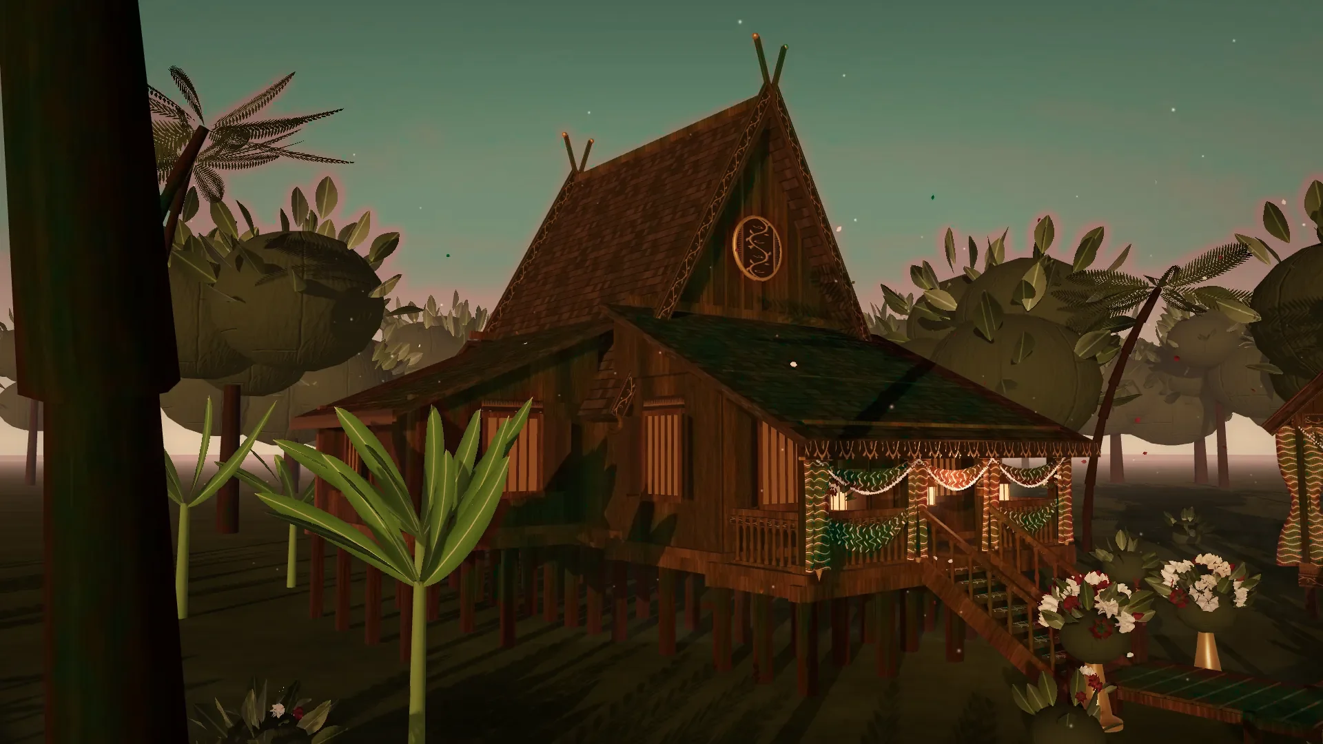 Render 3D tampak tiga perempat Rumah Bubungan Tinggi dengan anjung dan atap curam