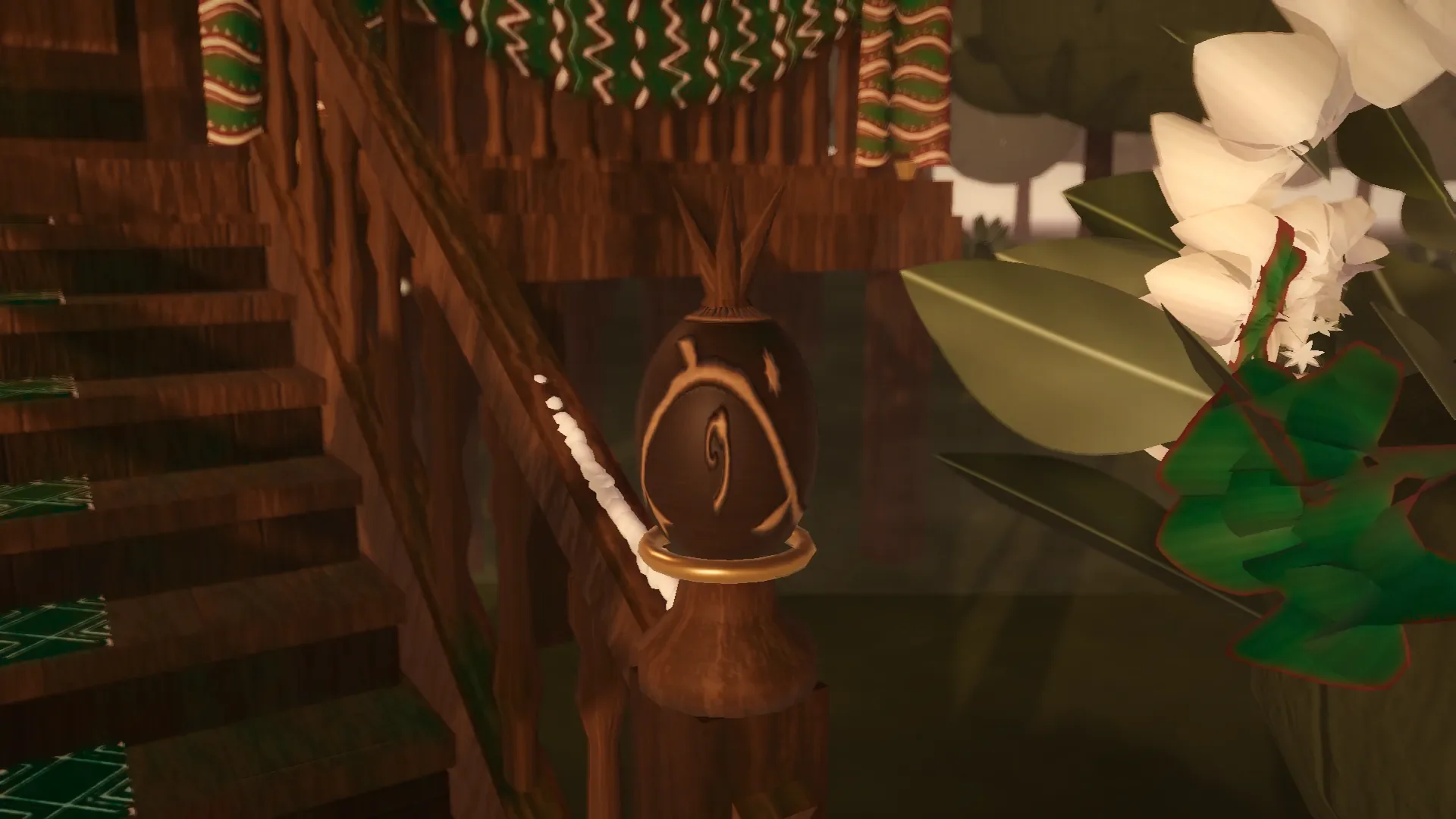 Render 3D close-up tiang tangga berukir dan anak tangga kayu ulin