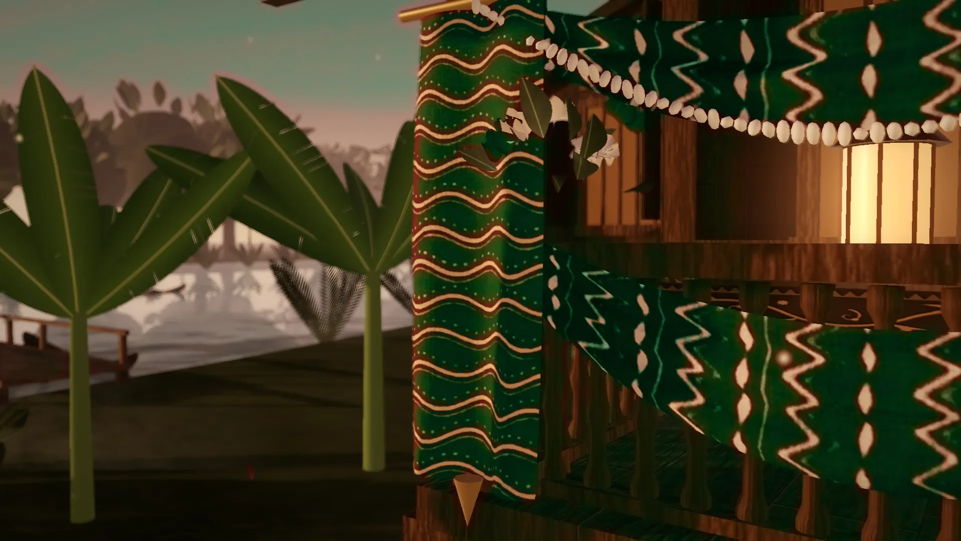 Render 3D kain Sasirangan hijau botol bergantung di palatar rumah
