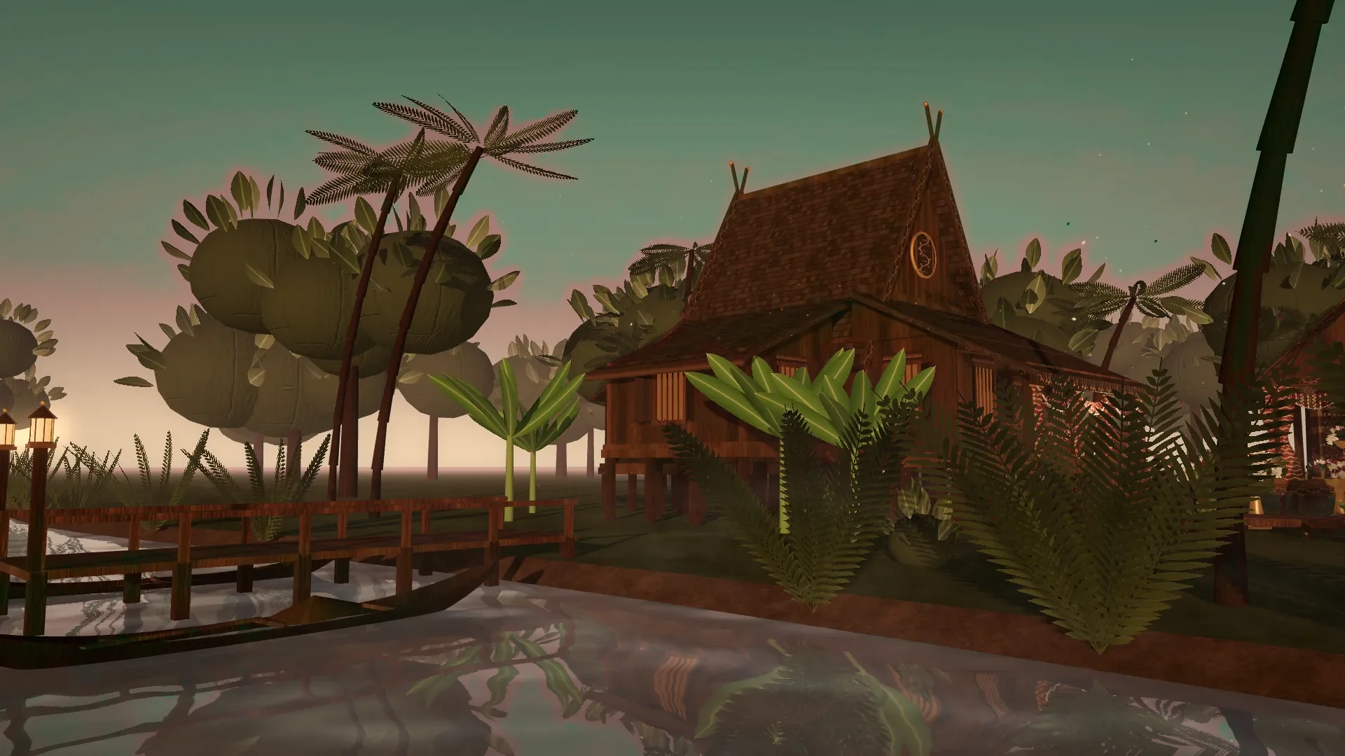 Render 3D Rumah Bubungan Tinggi di tepi sungai dengan dermaga dan jukung