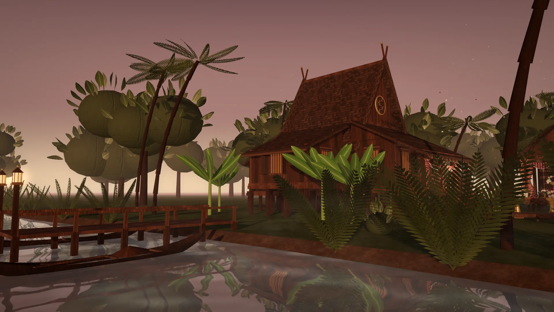 Render 3D Rumah Bubungan Tinggi di tepi sungai dengan dermaga dan jukung