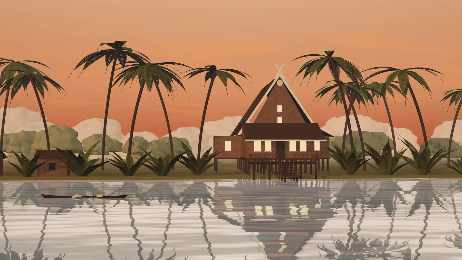 Ilustrasi Rumah Bubungan Tinggi dan jukung di sungai Banjar saat senja