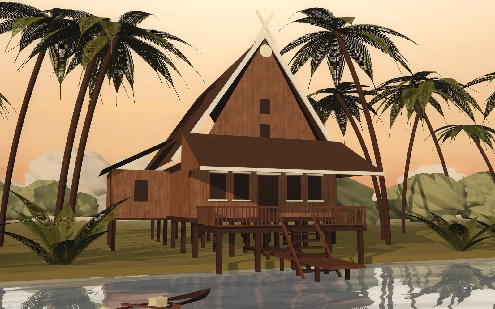 Ilustrasi Rumah Bubungan Tinggi di tepi sungai saat matahari terbenam