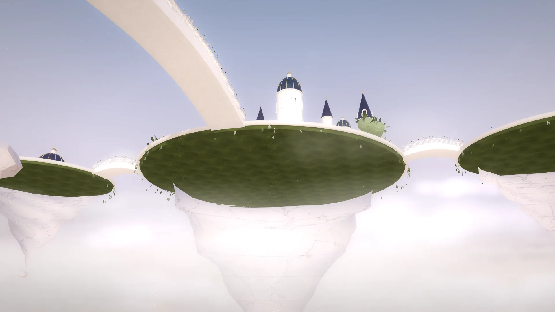 Render 3D pulau-pulau terapung istana langit di atas lautan awan