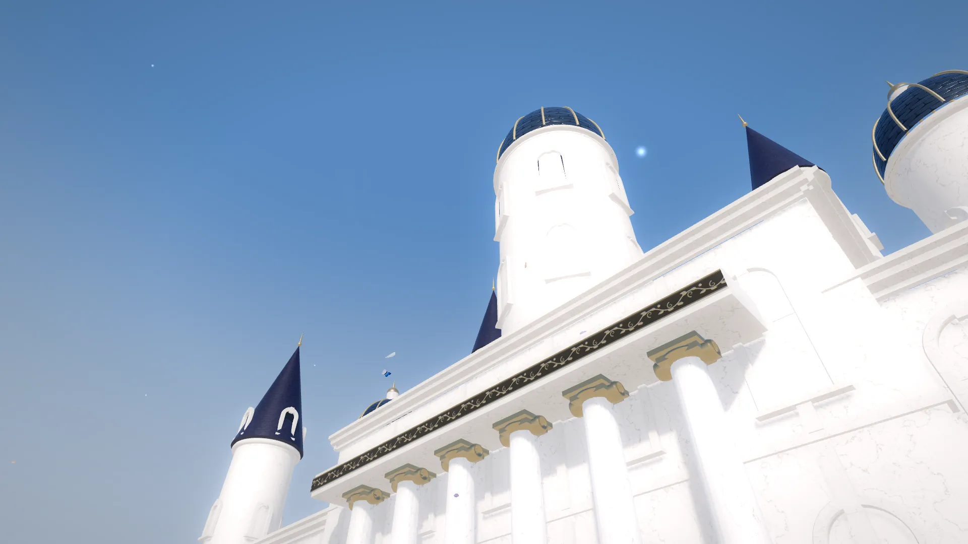 Render 3D menara istana langit berkubah powder blue dan beratap lavender