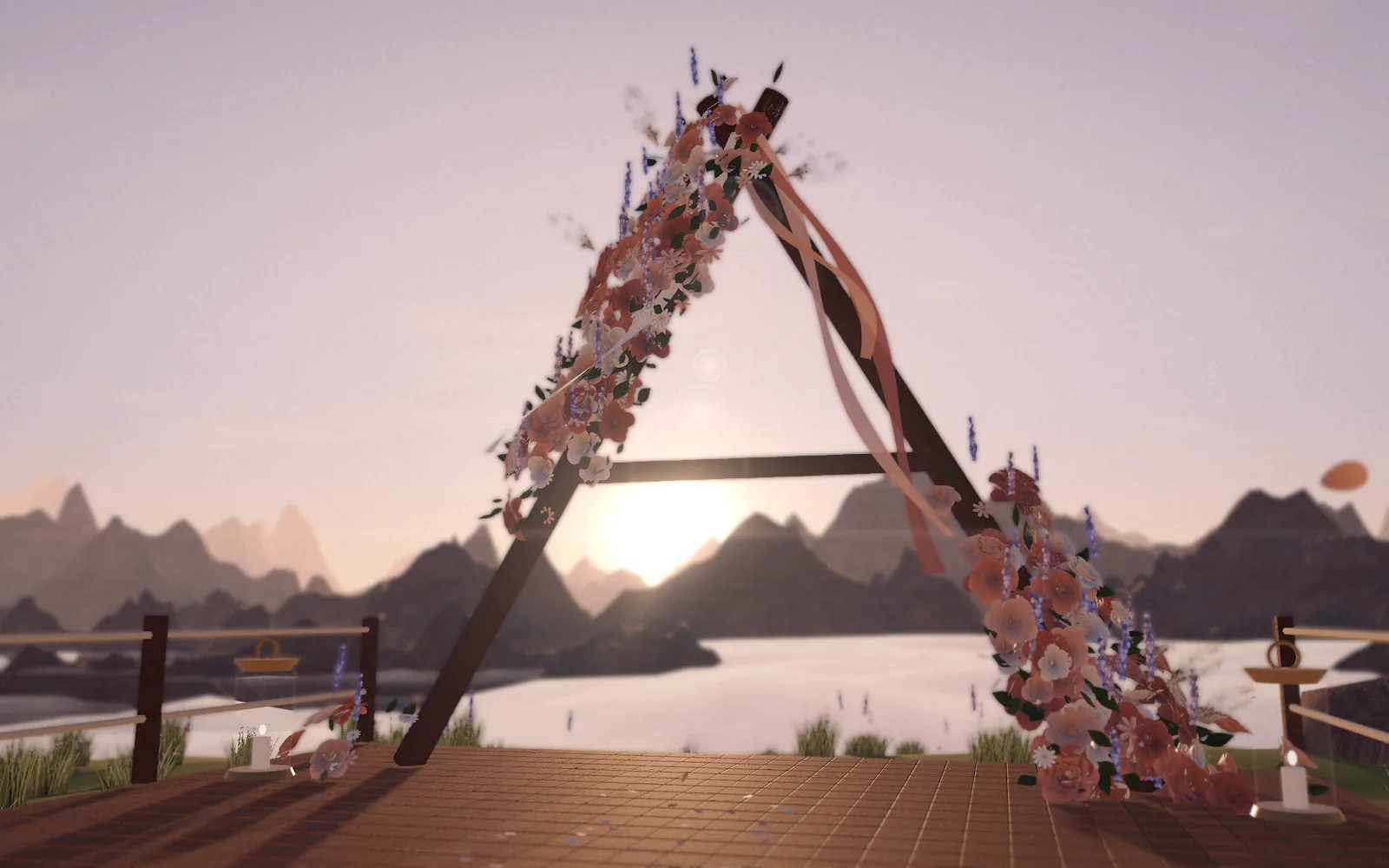 Ilustrasi 3D arch bunga liar menghadap lembah saat senja