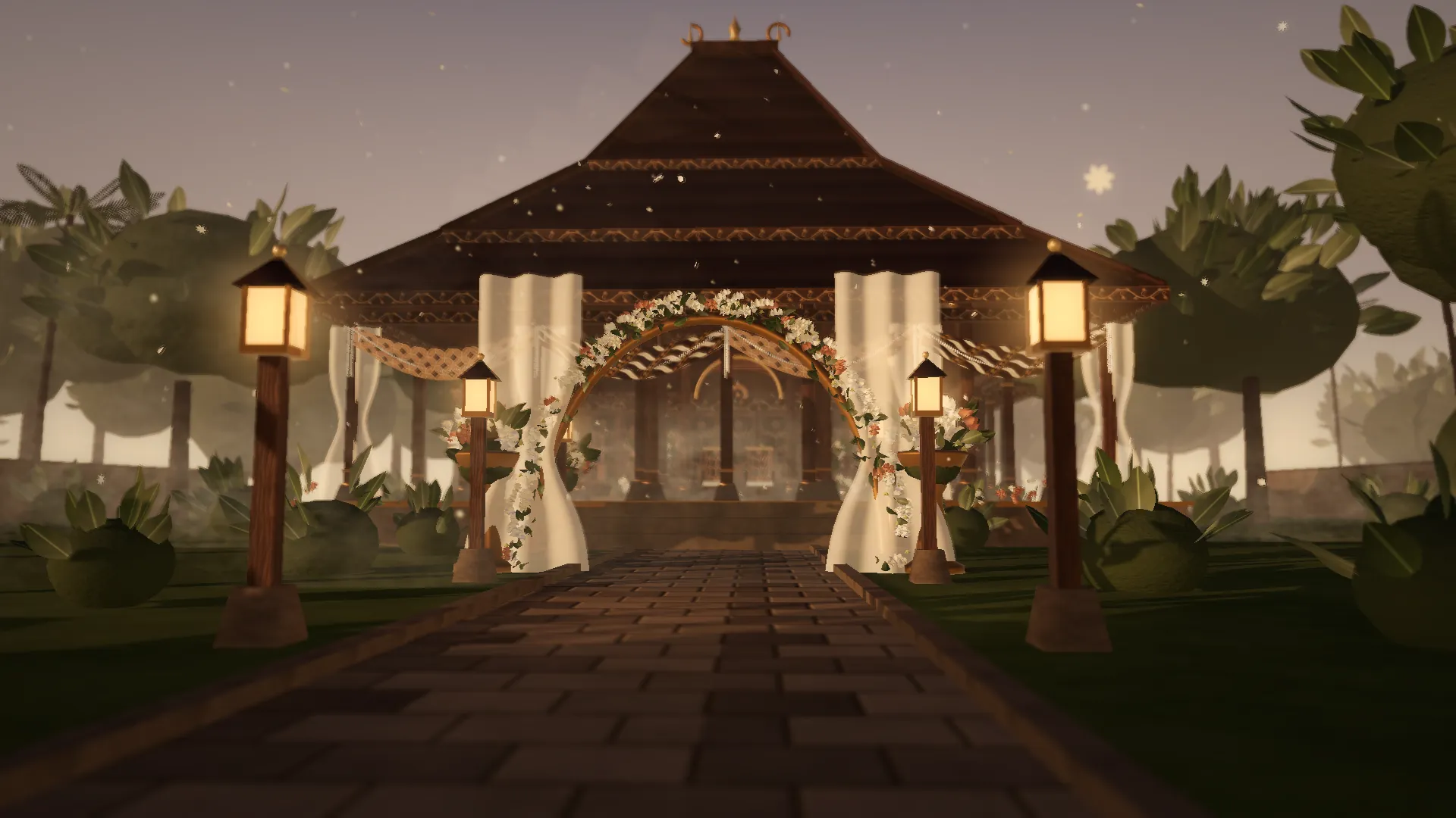 Render 3D jalan batu berlentera menuju pendopo Joglo