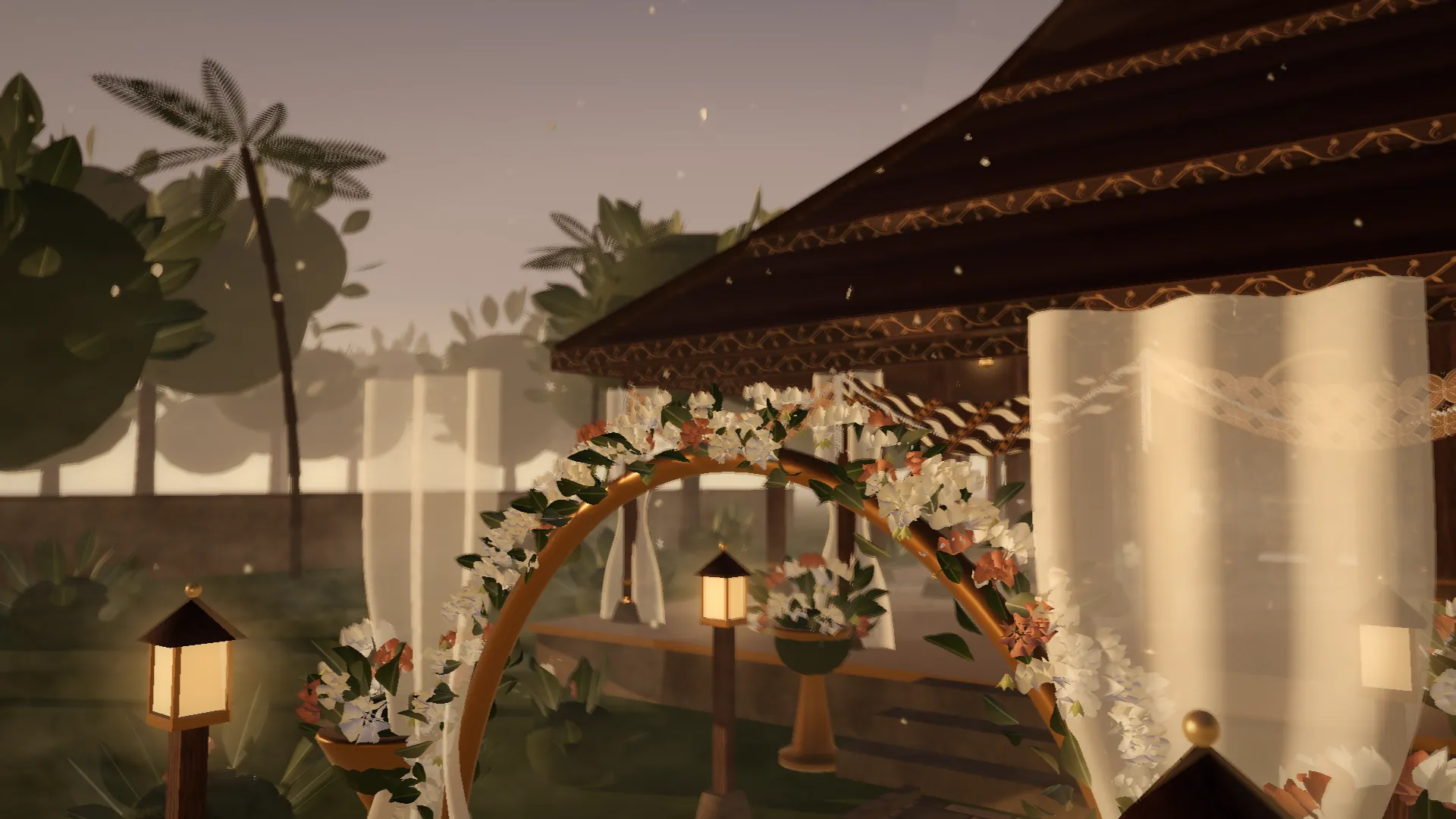 Render 3D gapura bunga melati, mawar, dan kenanga di taman Jawa