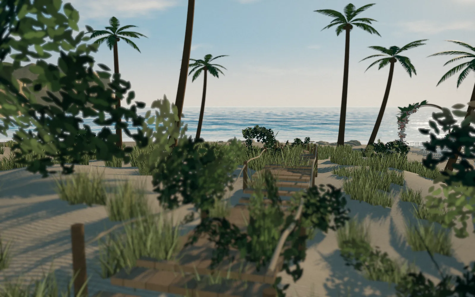 Ilustrasi 3D jalan setapak kayu menuju pantai
