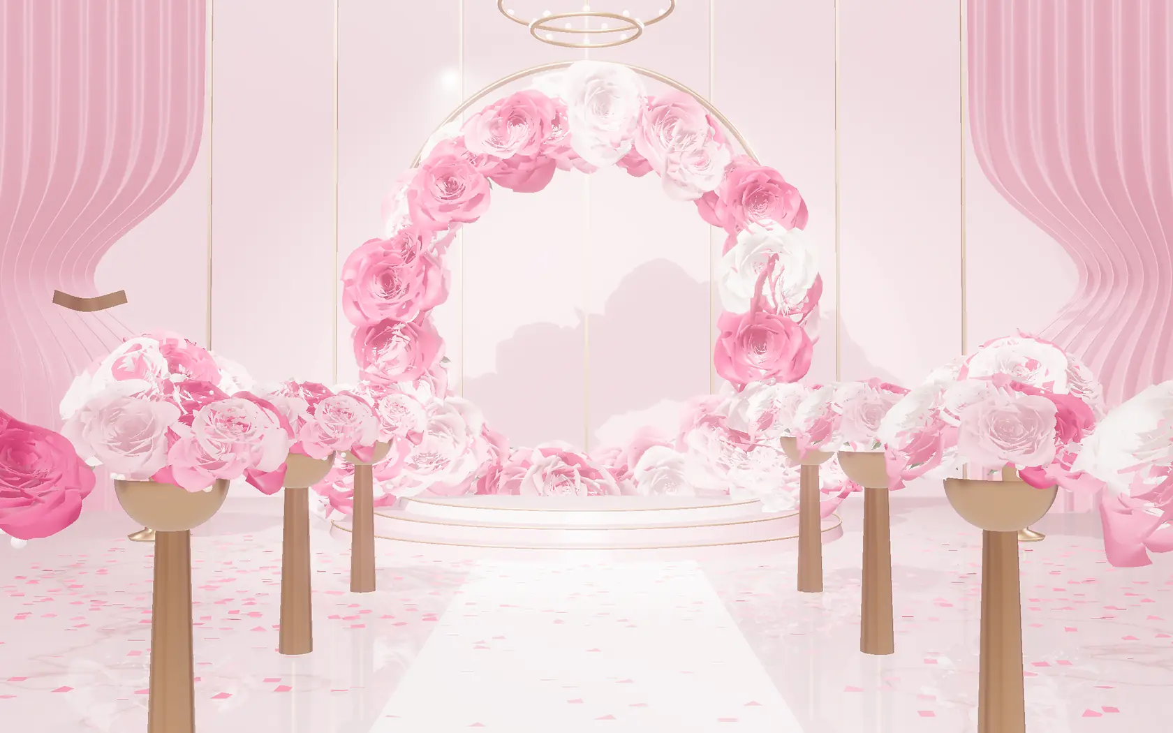 Ilustrasi 3D lorong pernikahan berhias mawar pink menuju lengkung mawar