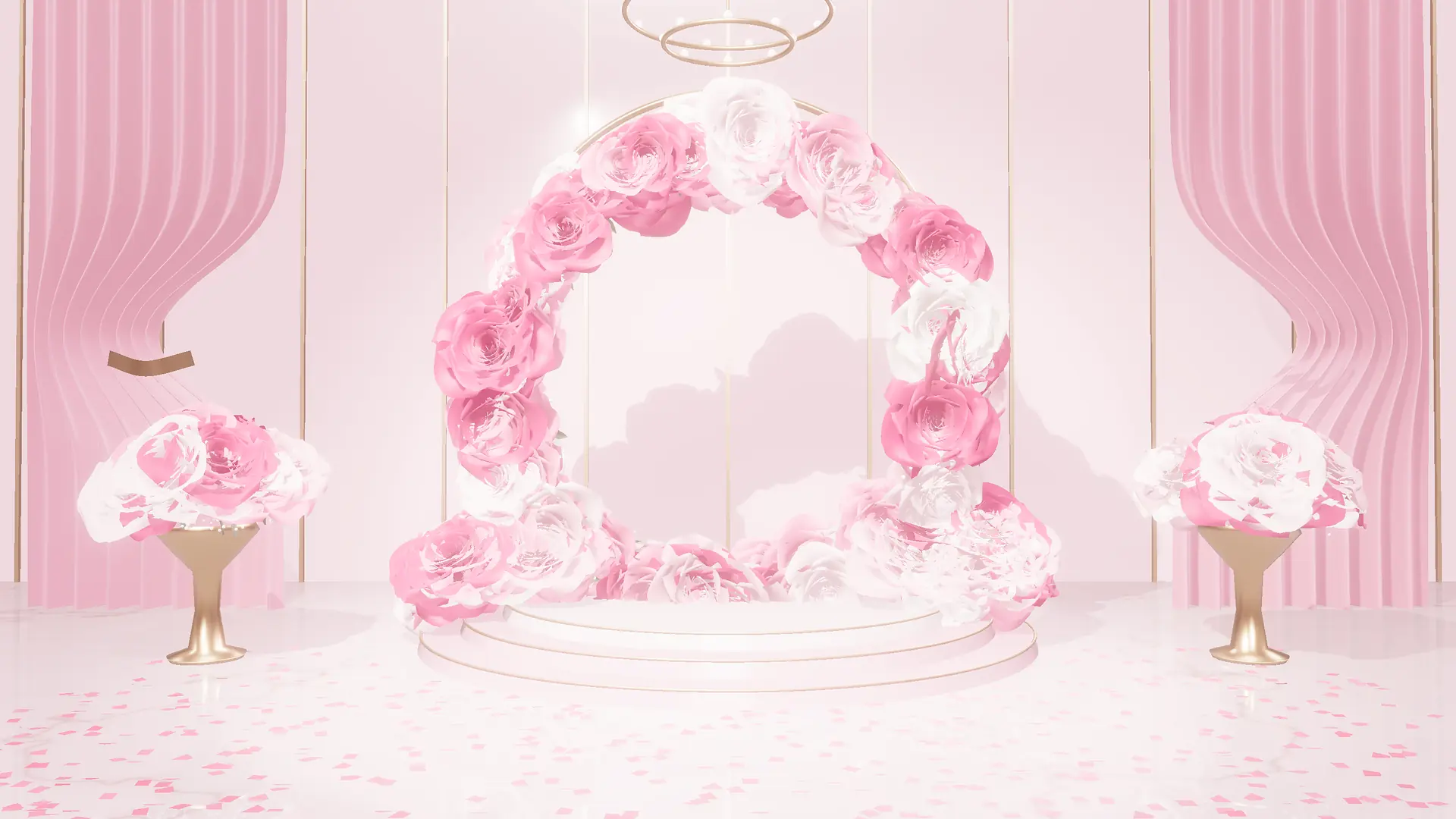 Ilustrasi 3D salon pernikahan dengan lengkung mawar dan tirai satin pink