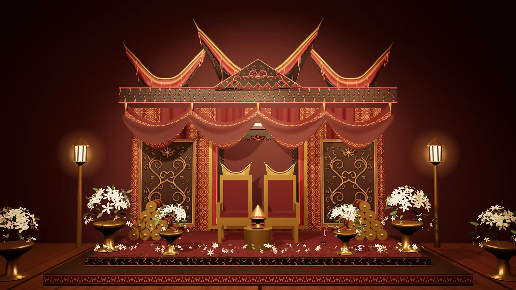 Ilustrasi 3D pelaminan adat Minangkabau berhias songket, banta gadang, dan melati