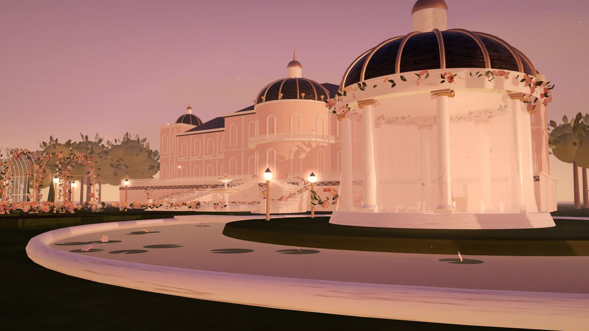 Render 3D istana blush saat matahari terbenam