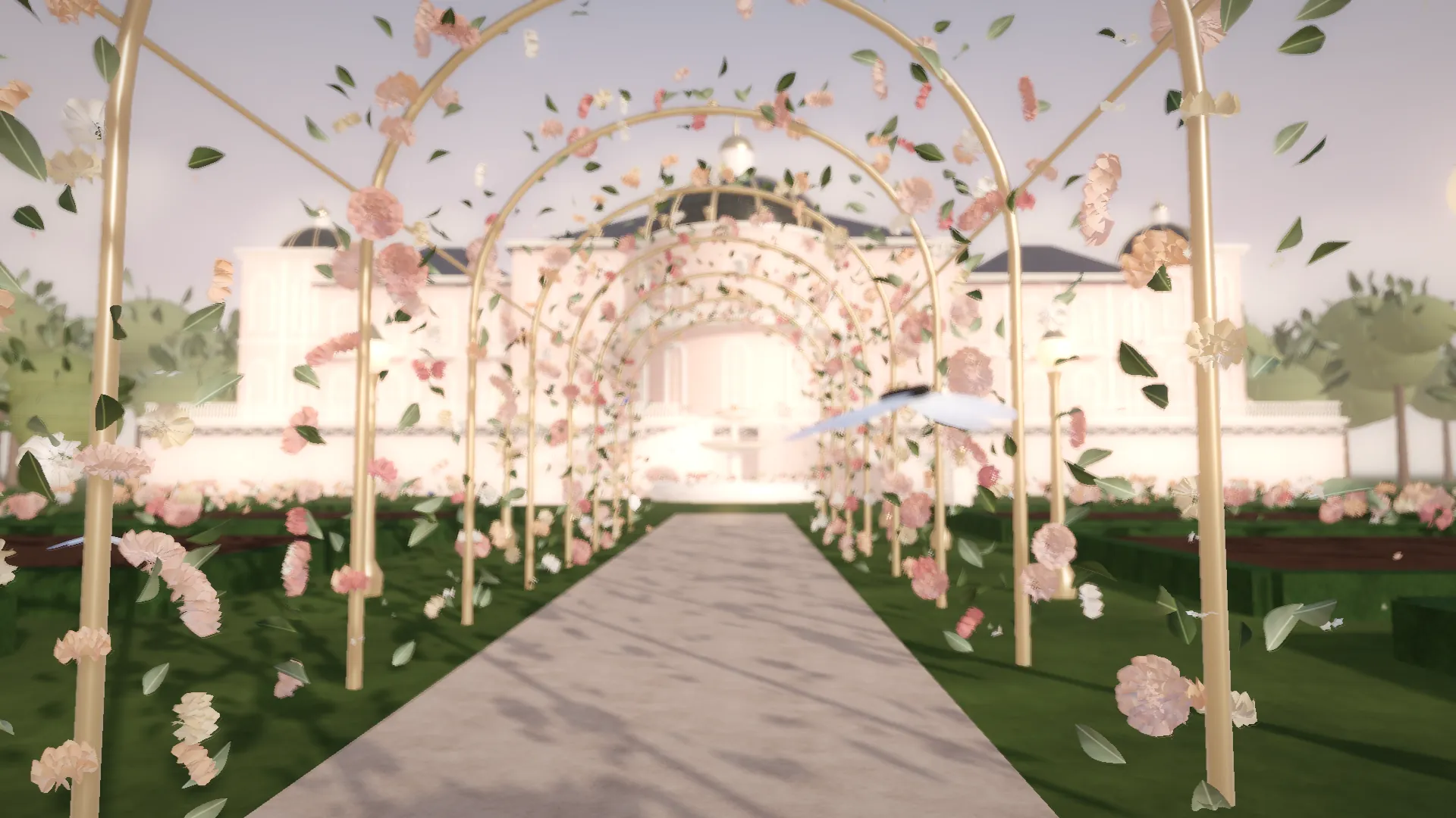 Render 3D terowongan lengkung mawar blush dan peach menuju istana