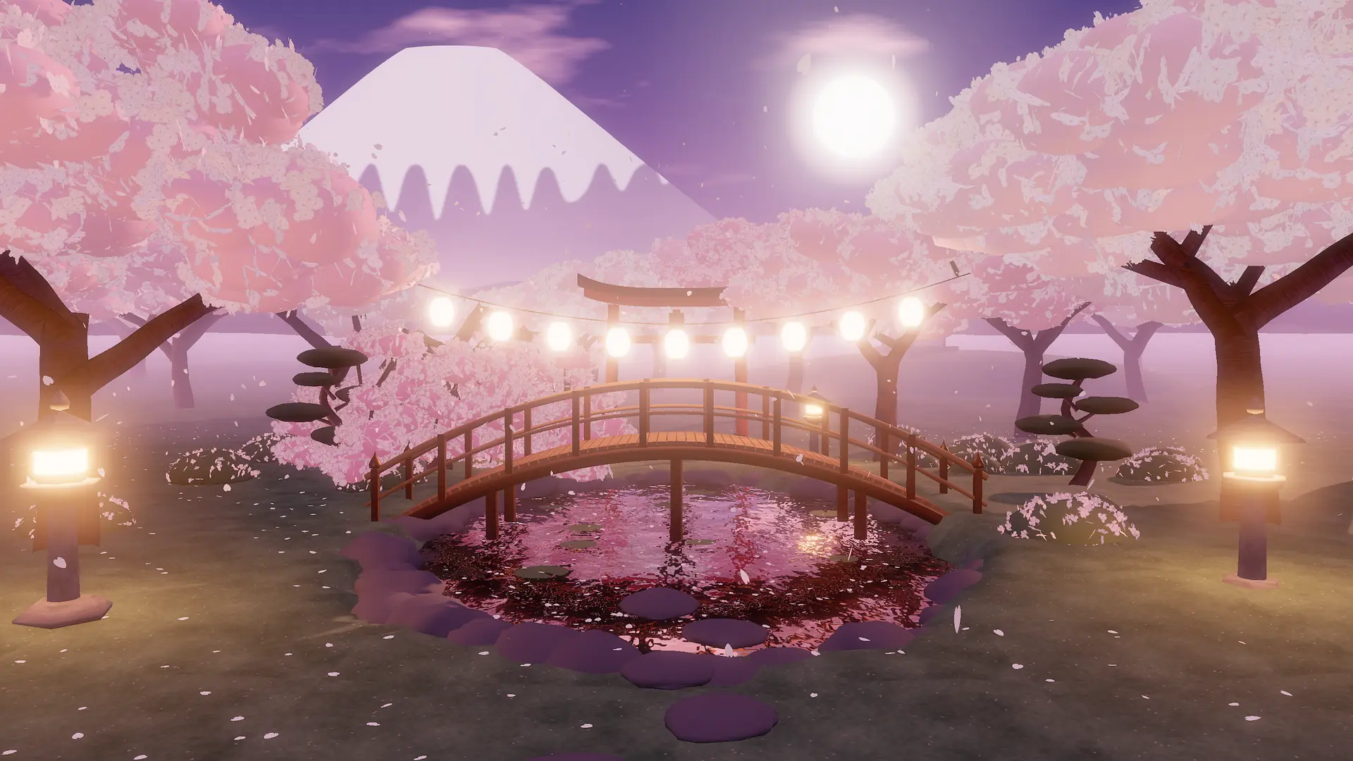 Ilustrasi 3D taman sakura di senja hari dengan lentera menyala dan bulan