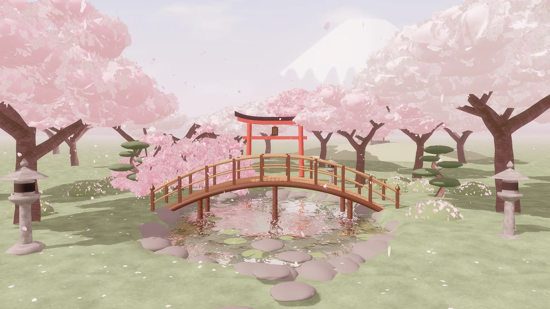 Ilustrasi 3D taman sakura Jepang dengan kolam koi, jembatan kayu, dan torii