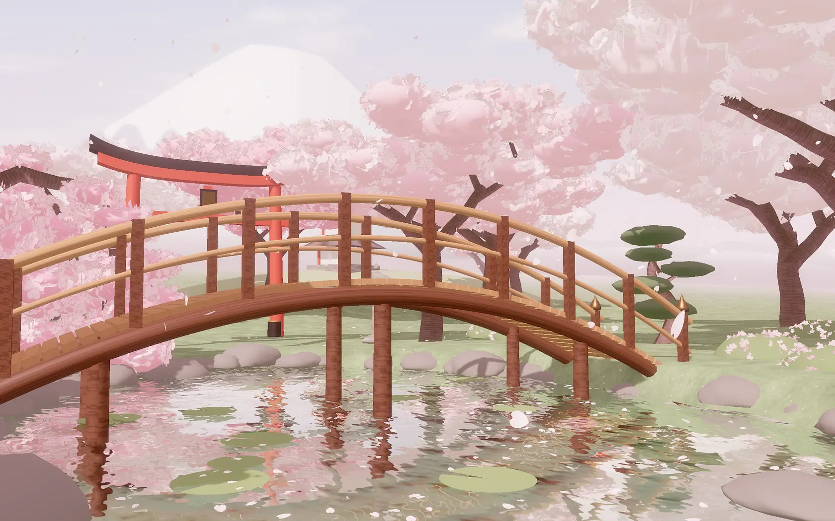Ilustrasi 3D jembatan kayu melengkung di atas kolam koi di bawah pohon sakura