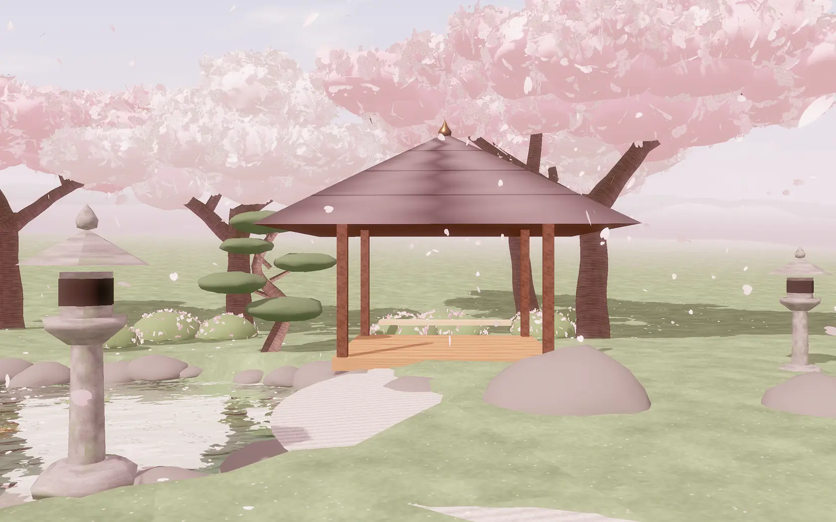 Ilustrasi 3D paviliun teh di tepi kolam dengan pohon sakura dan taman kerikil