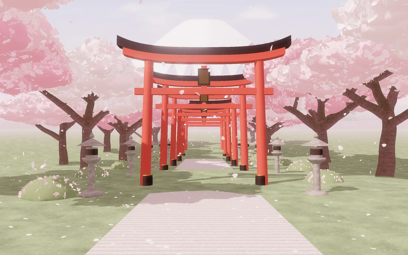Ilustrasi 3D lorong gerbang torii di antara pohon sakura dan lentera batu