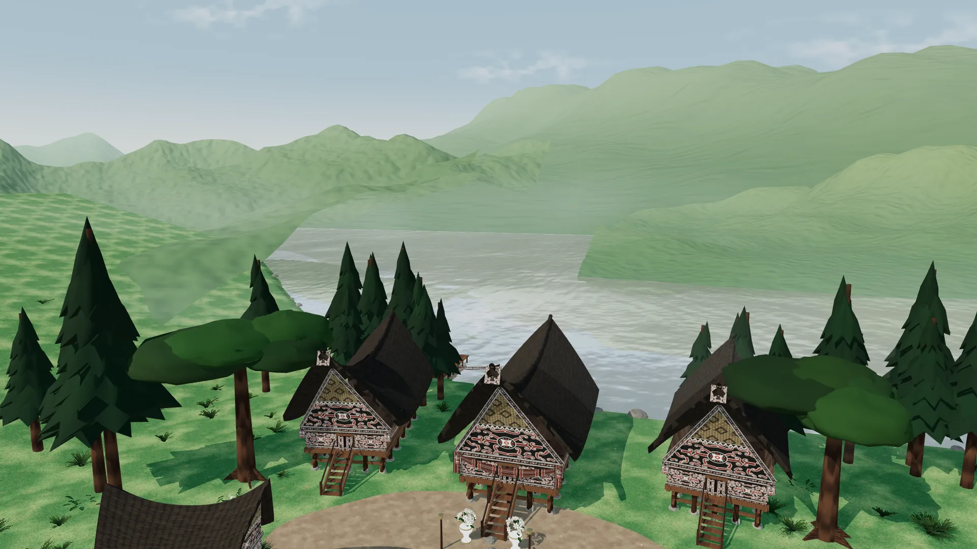 Ilustrasi 3D huta Batak di tepi Danau Toba dengan pegunungan berlapis