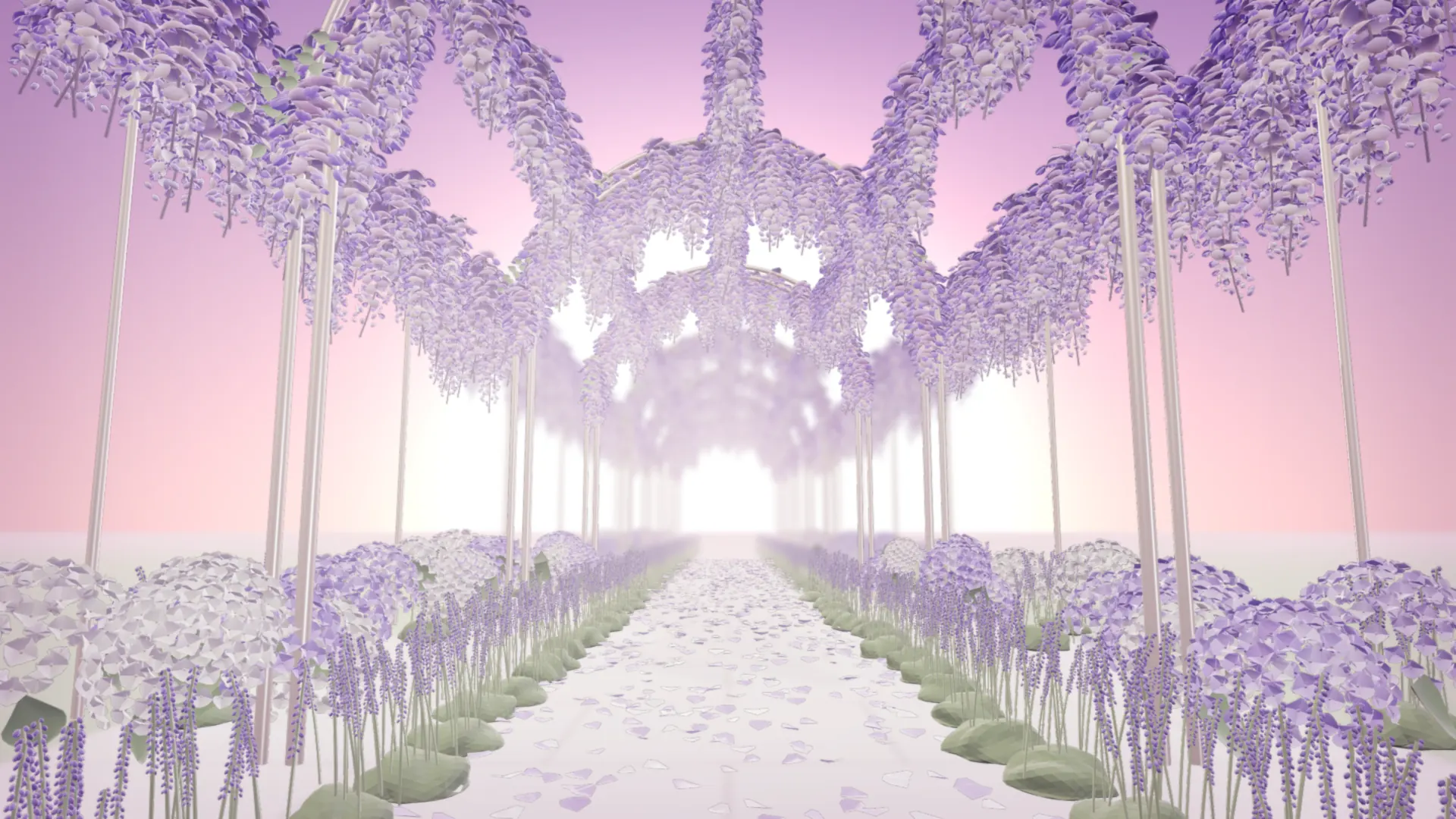Taman wisteria dan lavender saat senja